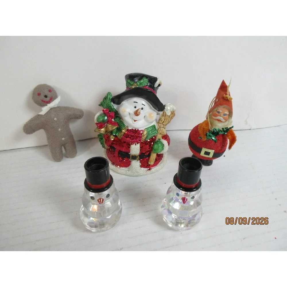 Vintage Christmas Decor Lot Snowman Bell Santa Ornament Gingerbread Man 5pc